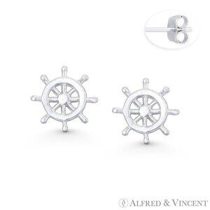 Helm Wheel Nautical / Sailing Charm Stud Earrings in .925 Sterling Silver